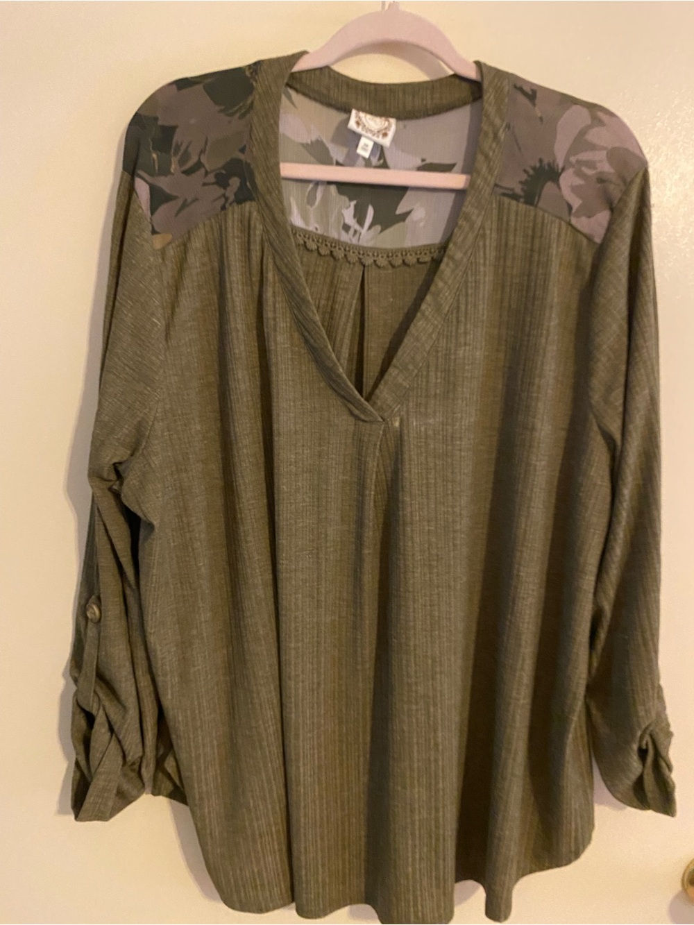 Olive Green V-Neck Roll-Tab Sleeve Blouse